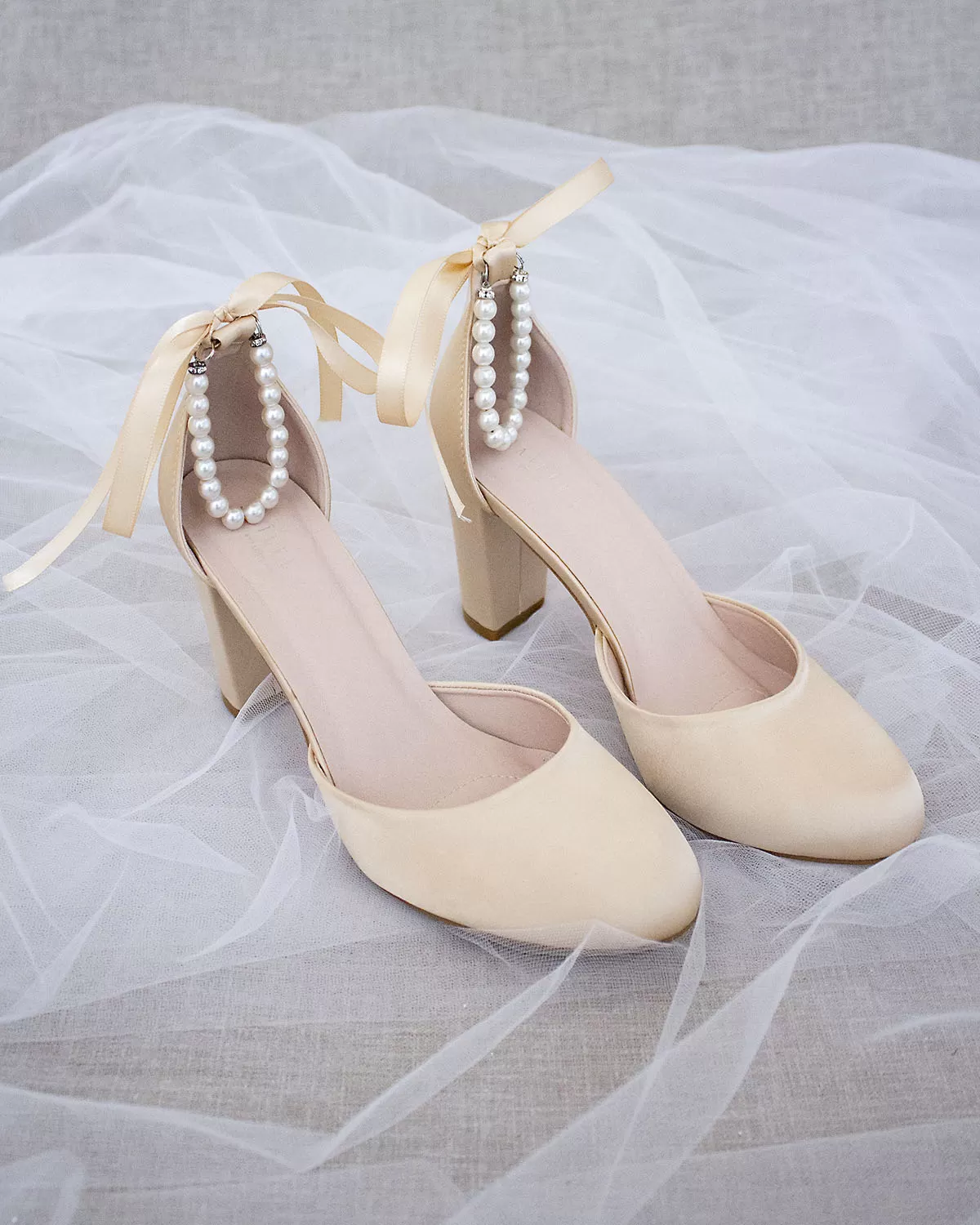 Champagne Satin Block Heel with Pearls Ankle Strap