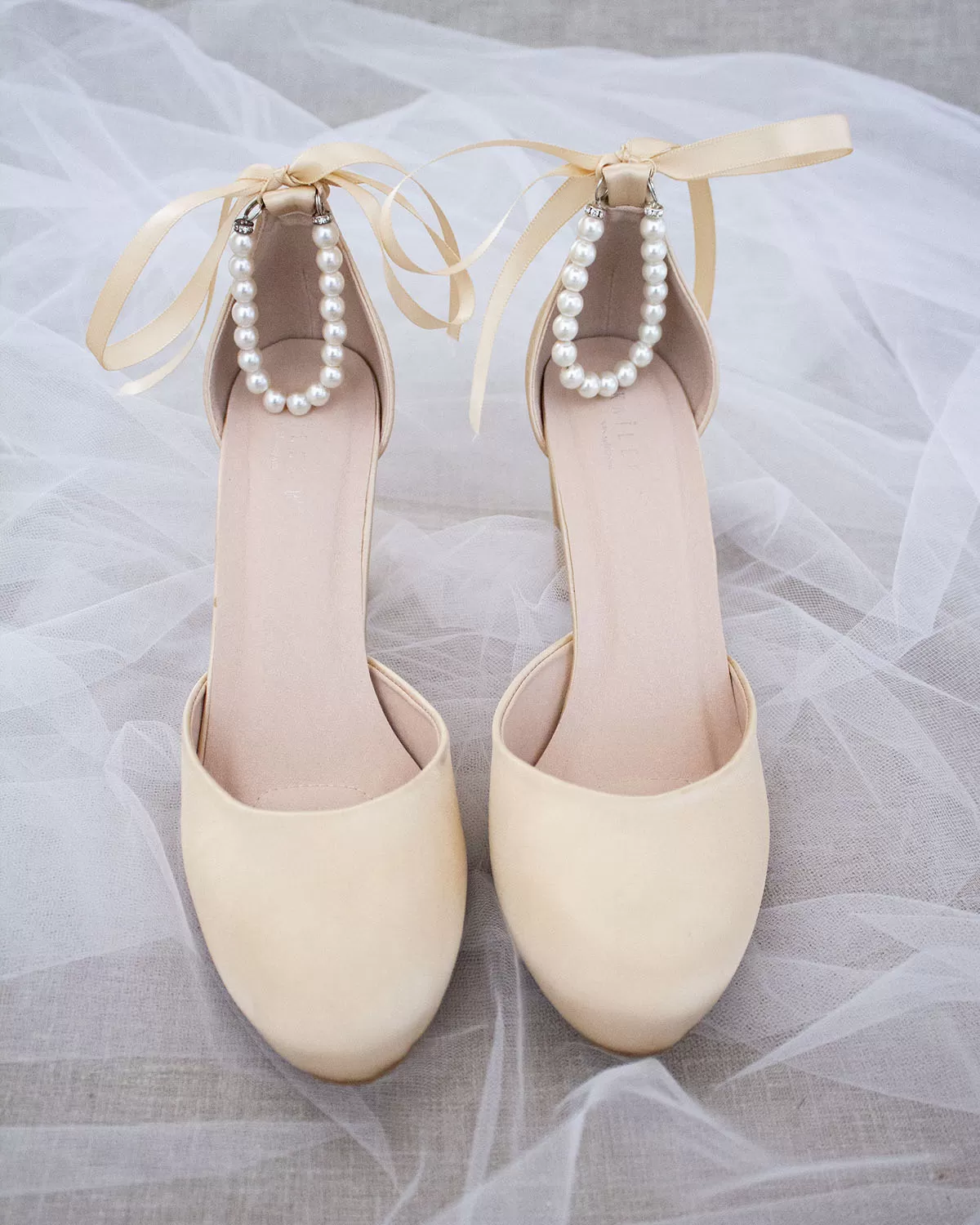 Champagne Satin Block Heel with Pearls Ankle Strap