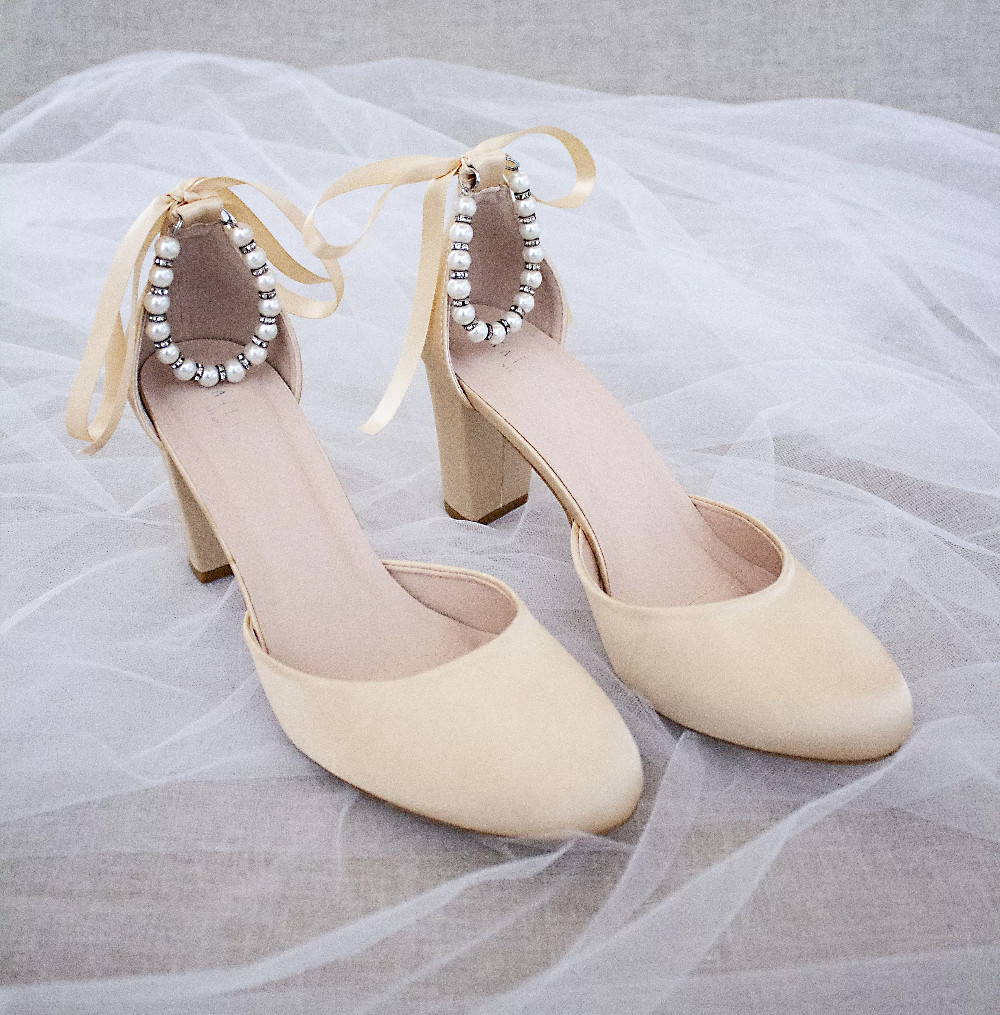 Champagne Satin Block Heel with Pearls Ankle Strap