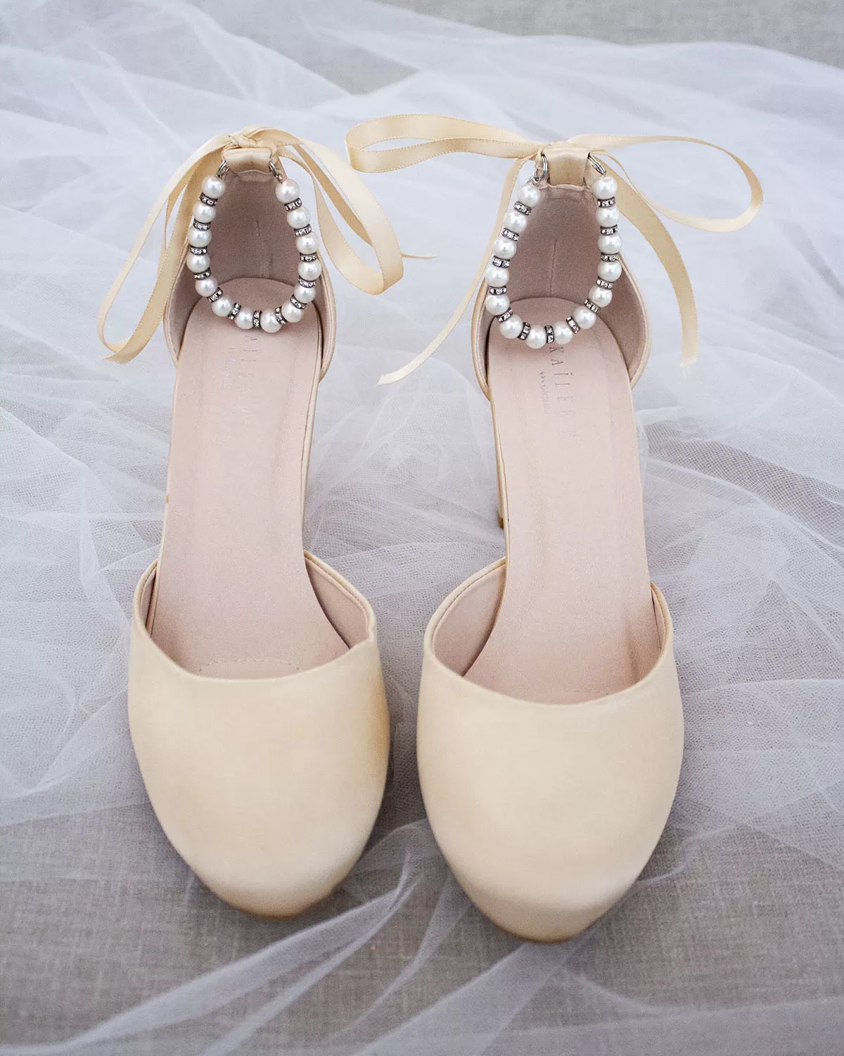 Champagne Satin Block Heel with Pearls Ankle Strap