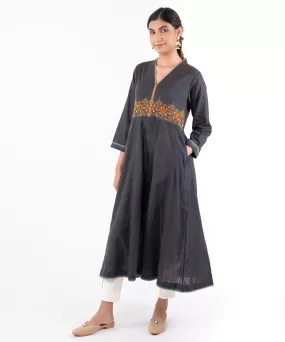 Charcoal hand embroidered cotton v neck kurti