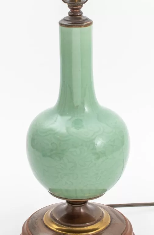 Chinese Celadon Bottle Vases Mounted Lamps, Pair