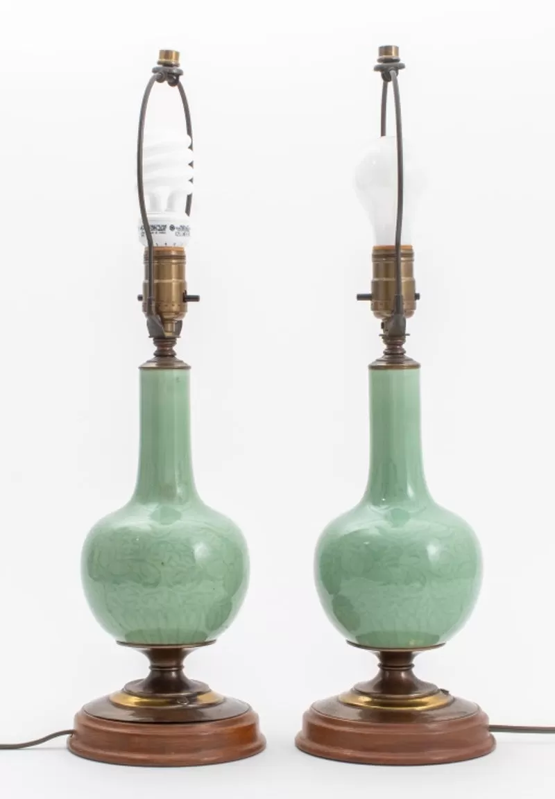 Chinese Celadon Bottle Vases Mounted Lamps, Pair