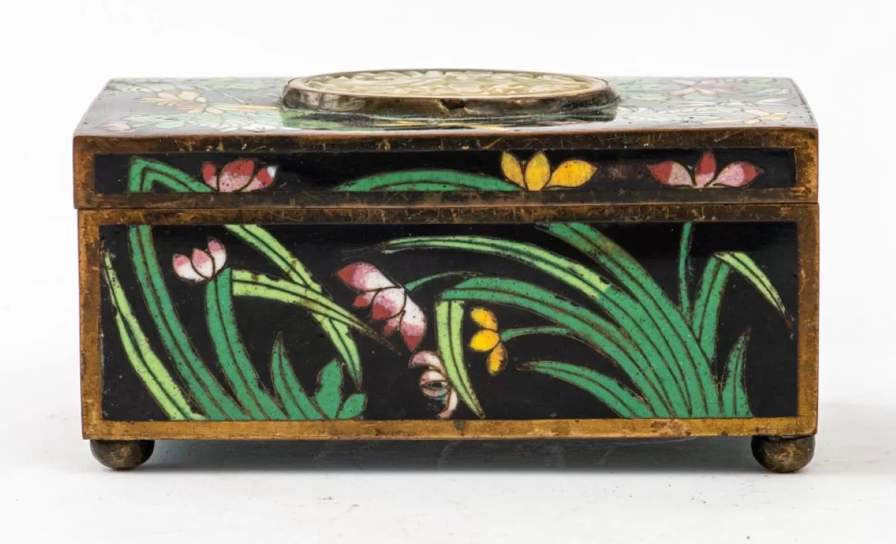 Chinese Cloisonne Decorative Box w/ Jade Panel