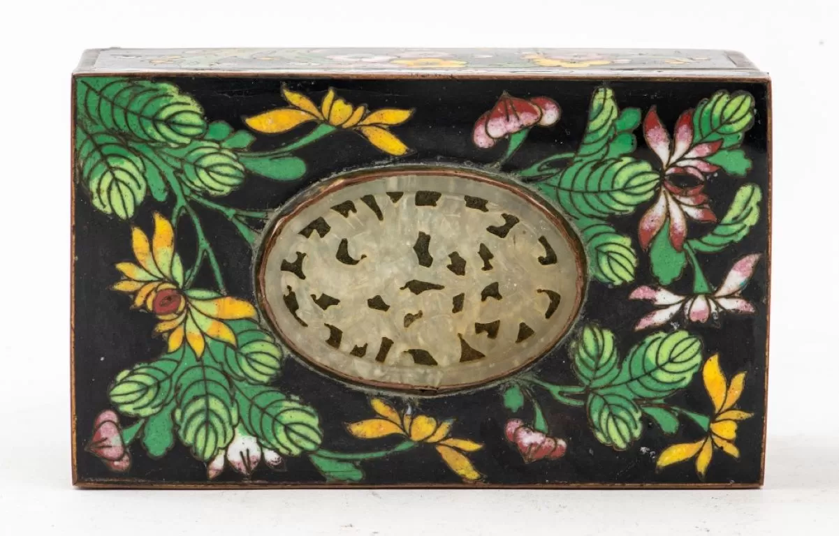 Chinese Cloisonne Decorative Box w/ Jade Panel