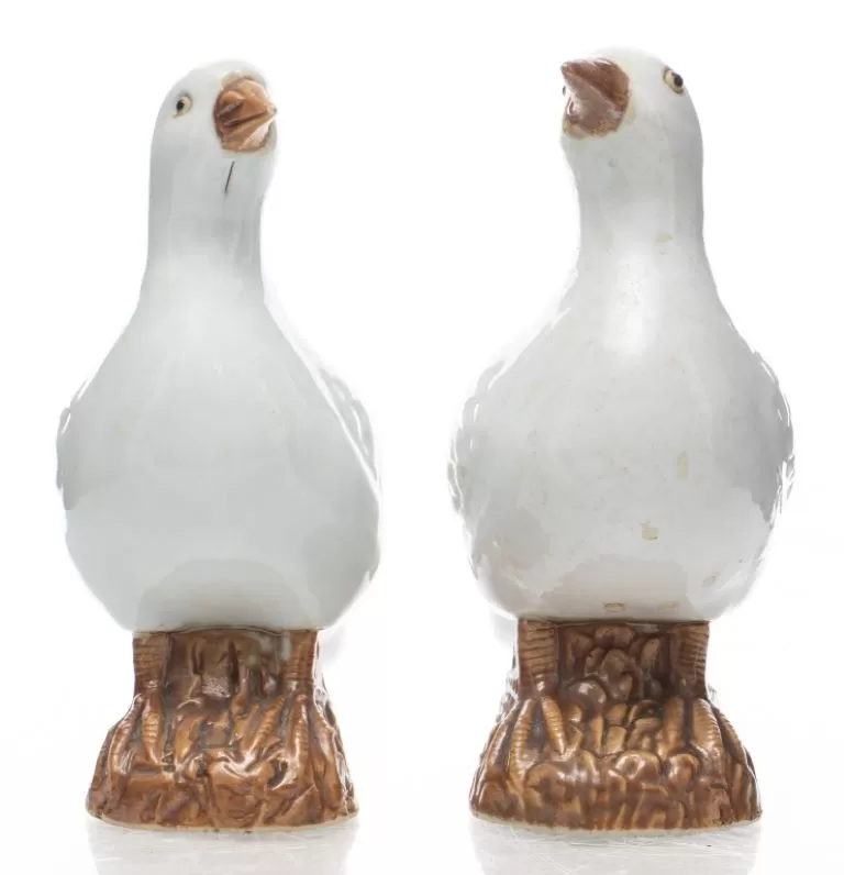 Chinese Export White Porcelain Birds, Pair