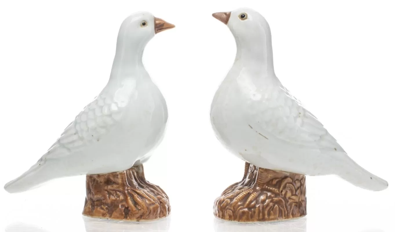 Chinese Export White Porcelain Birds, Pair