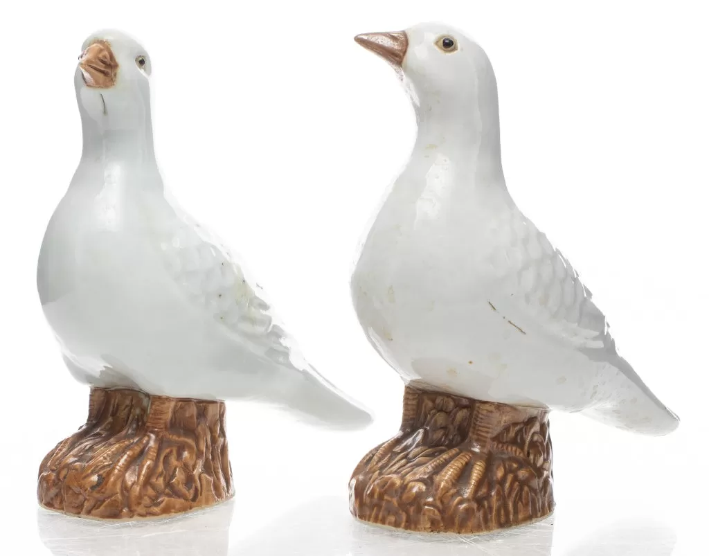 Chinese Export White Porcelain Birds, Pair