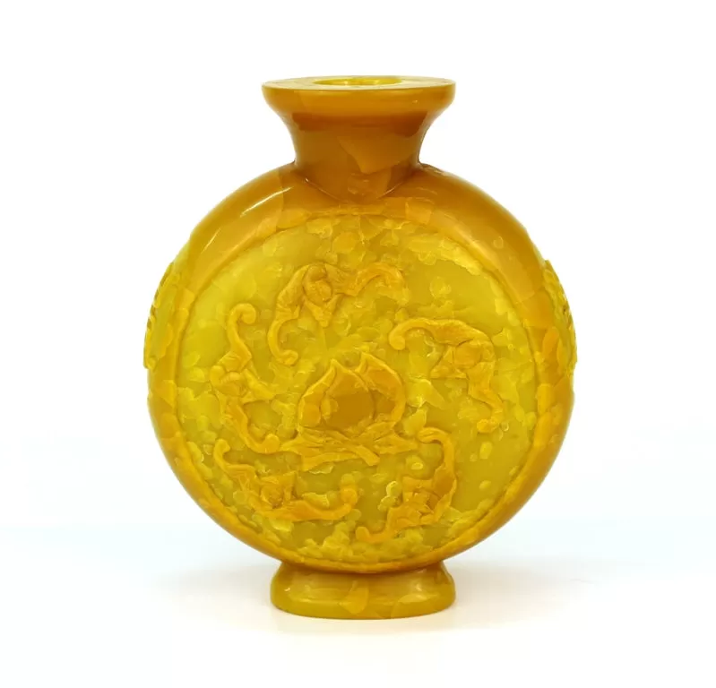 Chinese Peking Imperial Yellow Vase with High Relief Motif of Bats and Peaches