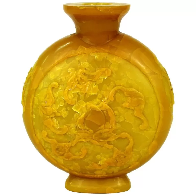 Chinese Peking Imperial Yellow Vase with High Relief Motif of Bats and Peaches