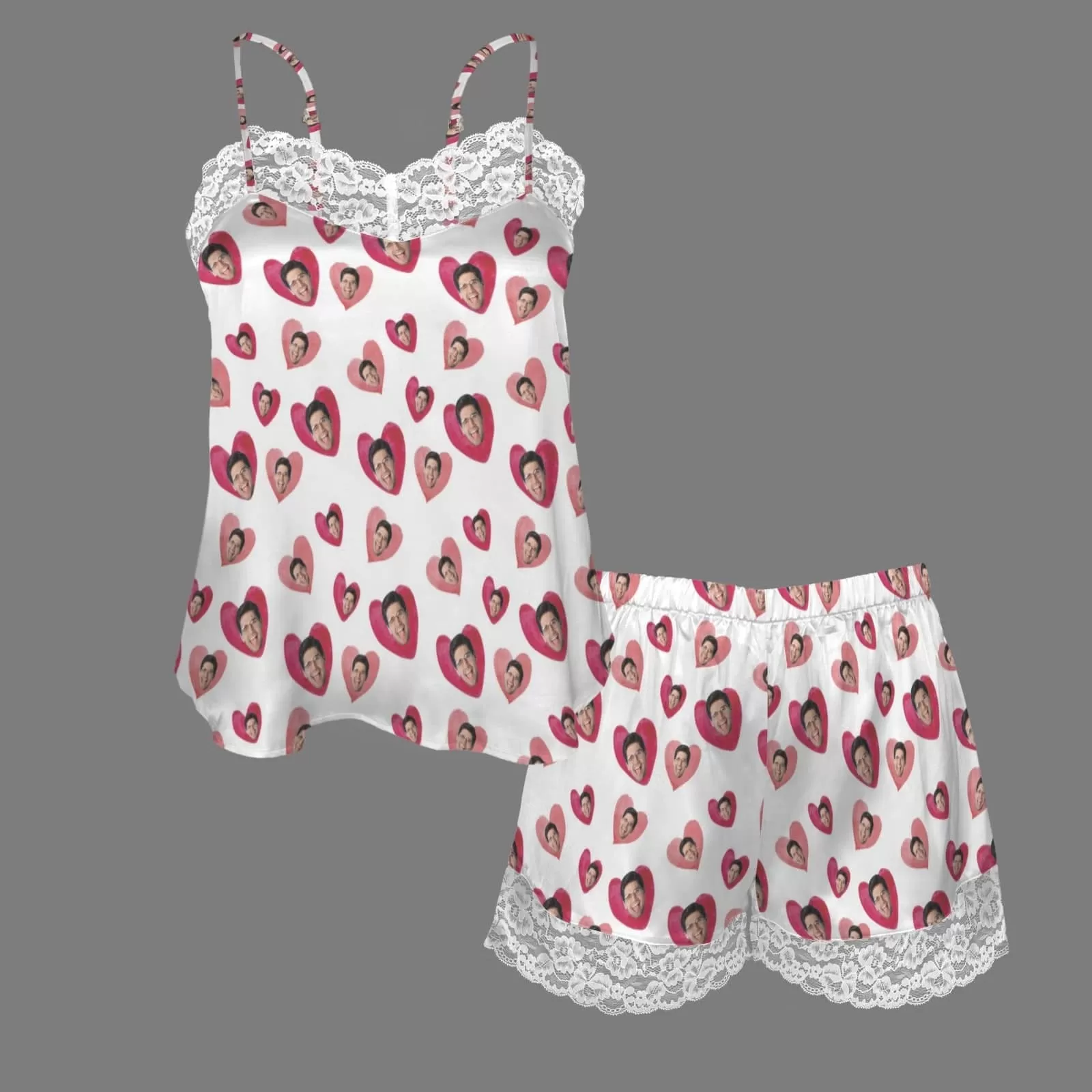 Custom Face Love Heart Lace Cami Pajamas Personalized Women's Nightwear Set