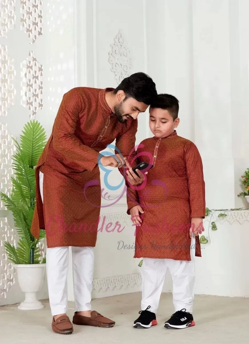 Dad And Son Cotton Silk  Kurta Pajama Set - Rust