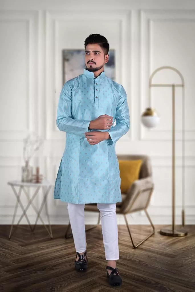 Designed Men's Pure Jacquard Cotton Silk Kurta Pajama Set - Light Blue