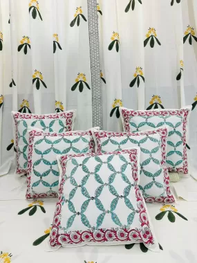 Dilrubaa , Cotton Hand Block  Print 5 Pc Cushion Cover Set-SHARA001CCD