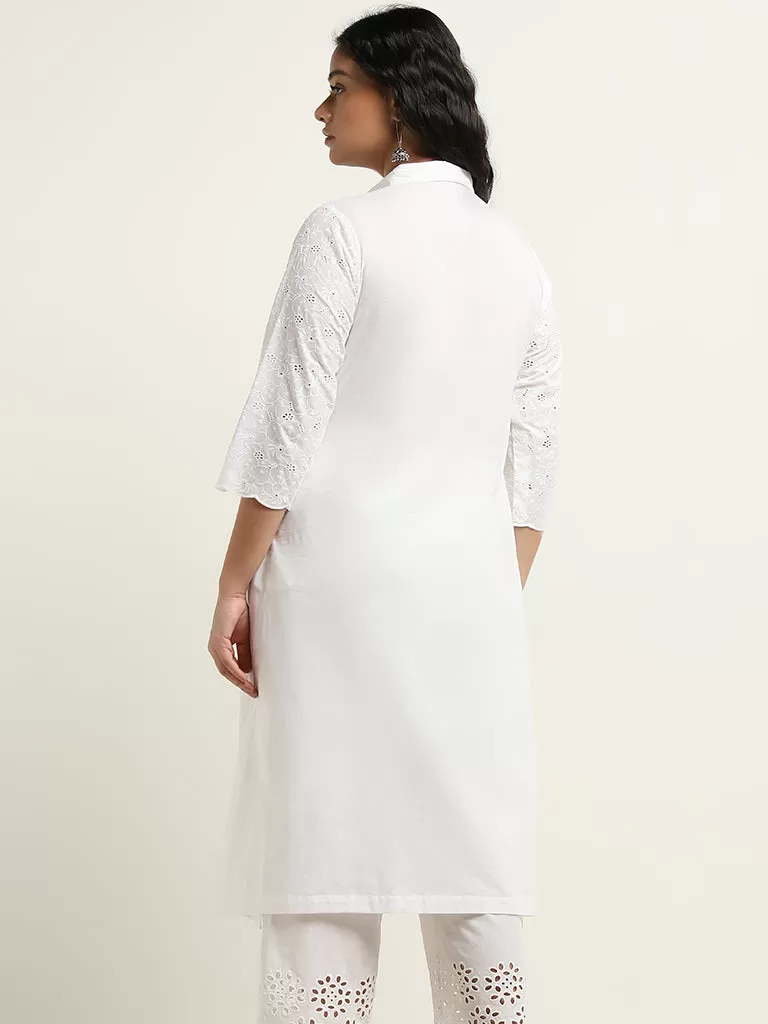 Diza White Cotton A-Line Collared Kurta