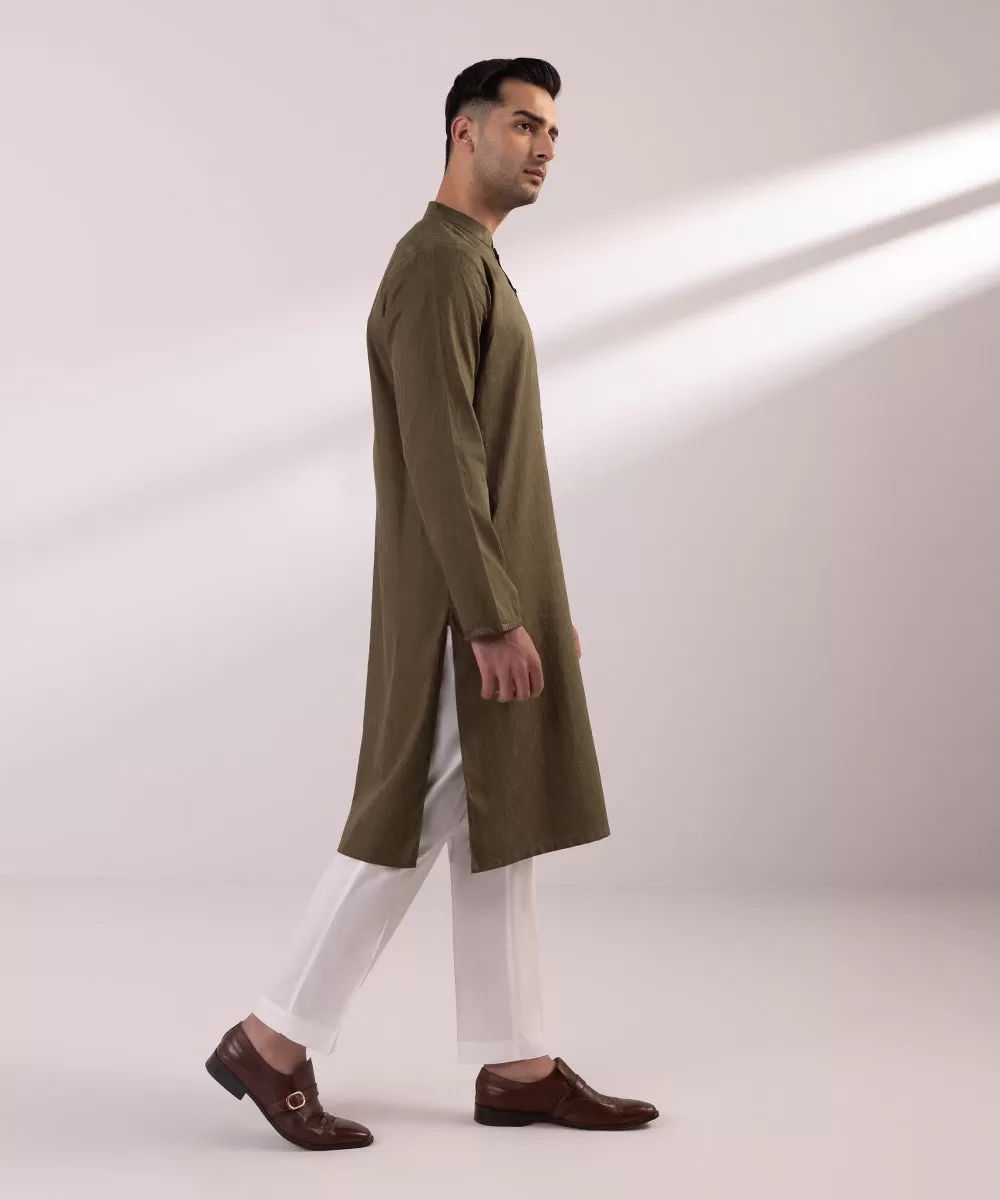 Embroidered Cotton Jacquard Kurta