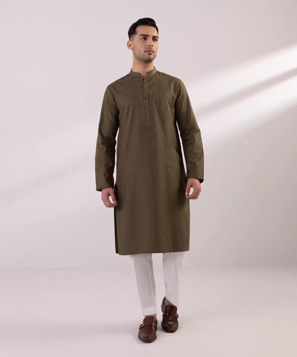 Embroidered Cotton Jacquard Kurta