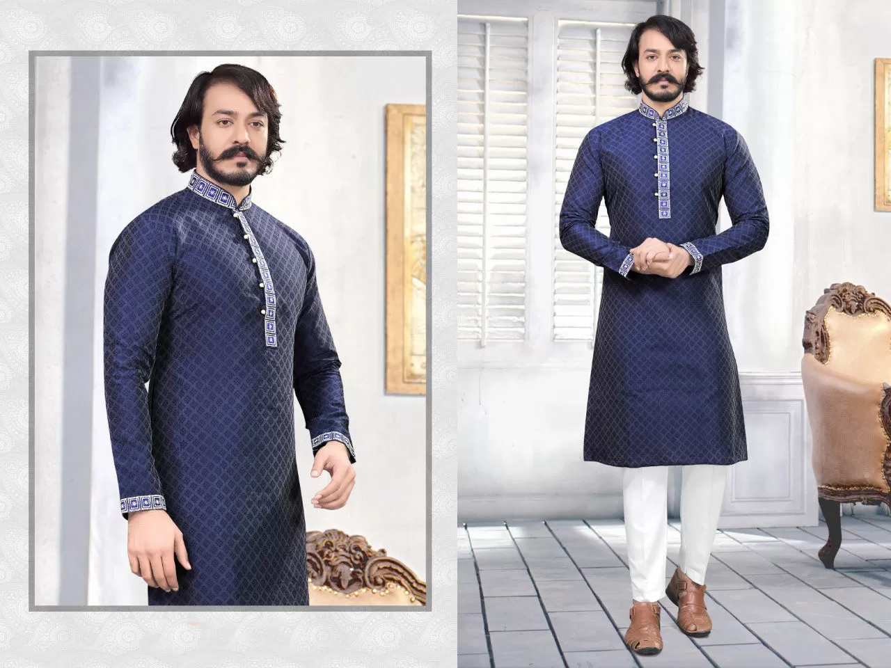 Embroidered Men's Cotton Silk Kurta Pajama Set In Dark Blue