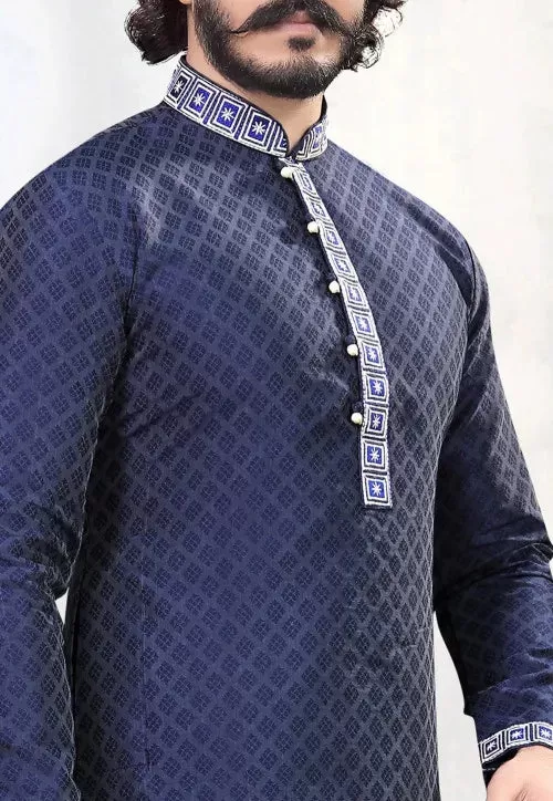 Embroidered Men's Cotton Silk Kurta Pajama Set In Dark Blue