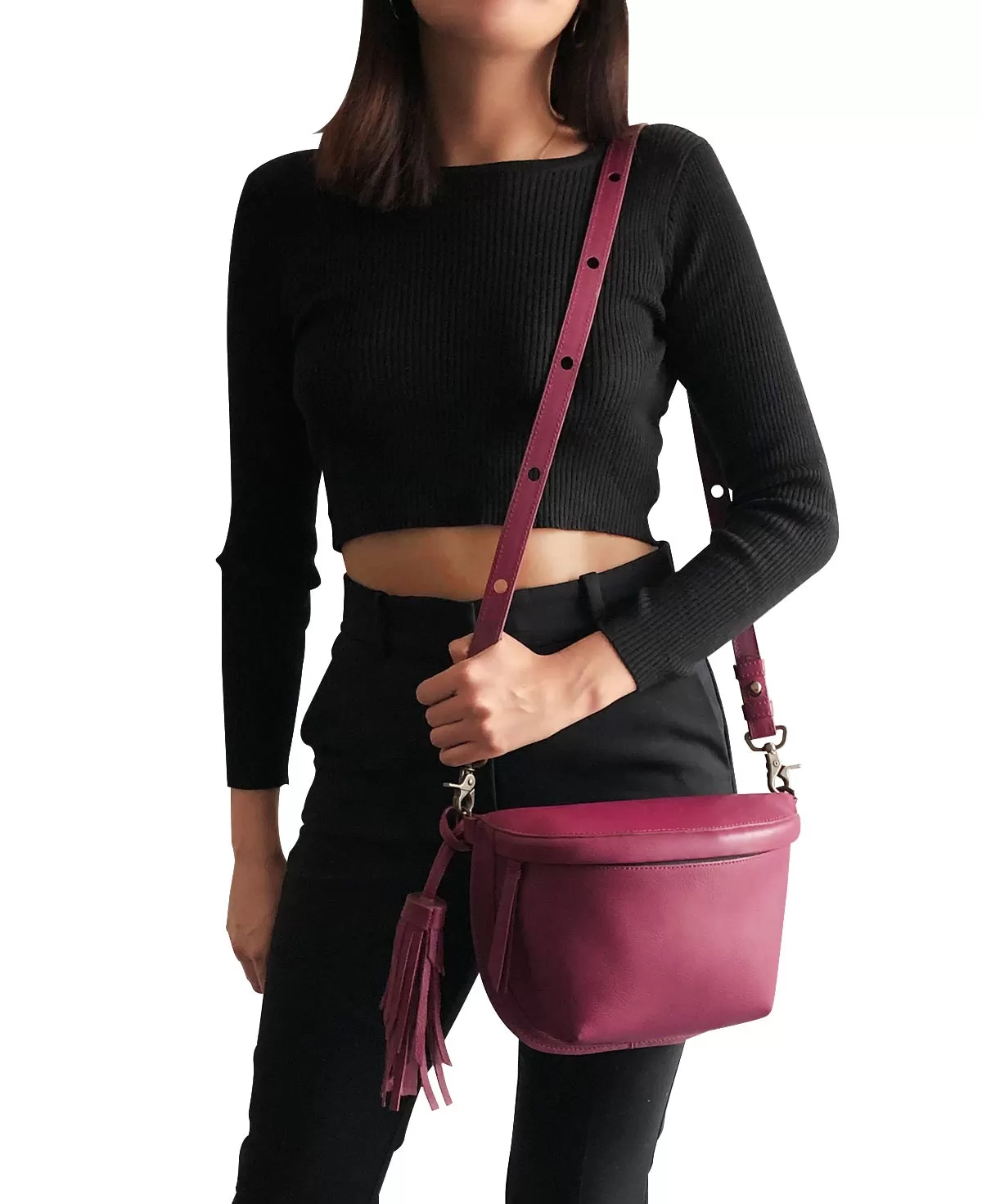 Fuchsia Magenta Leather Sling Bag Crossbody