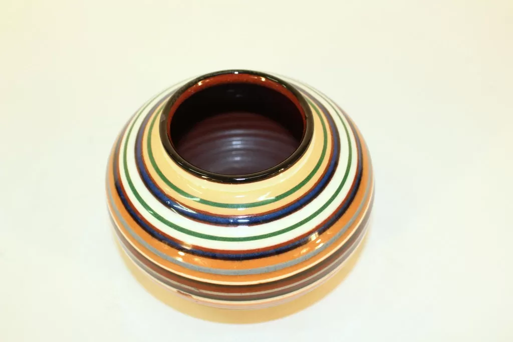 Glazed Ceramic Vase with Horizontal Bands, Signed