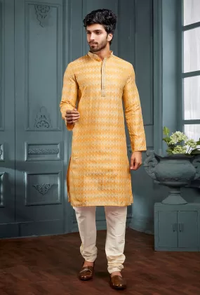 Gorgeous Yellow Colored Poly Cotton Pajama Pant With Poly Jacquard Kurta Sets