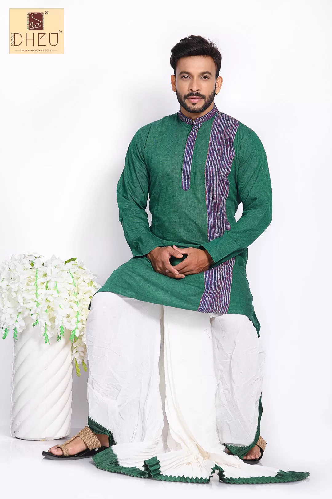 Green Kurta with Khes Border- Dhoti(optional) Kurta Full Set