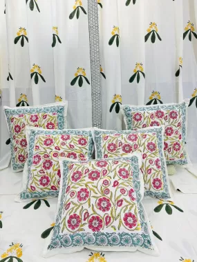 Humrahi , Cotton Hand Block  Print 5 Pc Cushion Cover Set-SHARA001CCG