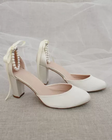 Ivory Satin Block Heel with Pearls Ankle Strap