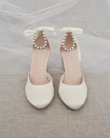 Ivory Satin Block Heel with Pearls Ankle Strap