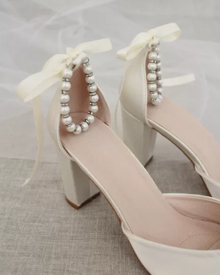 Ivory Satin Block Heel with Pearls Ankle Strap