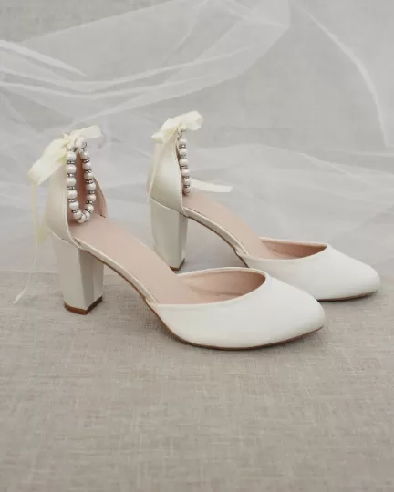 Ivory Satin Block Heel with Pearls Ankle Strap