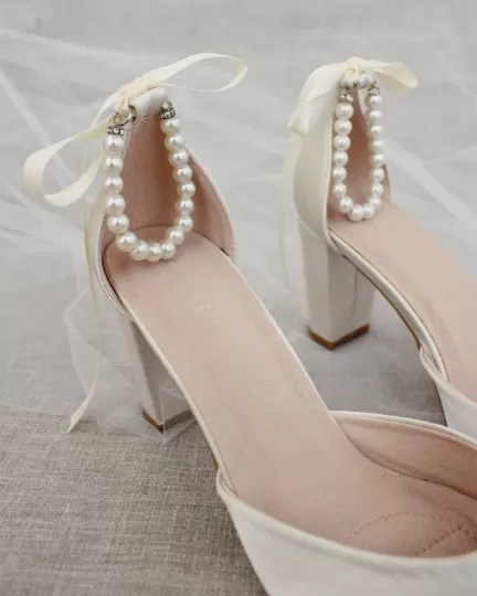 Ivory Satin Block Heel with Pearls Ankle Strap