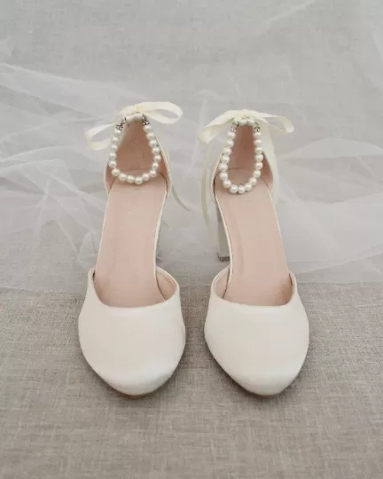 Ivory Satin Block Heel with Pearls Ankle Strap