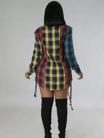 Kauna Plaid Laced Up Shirt Dress