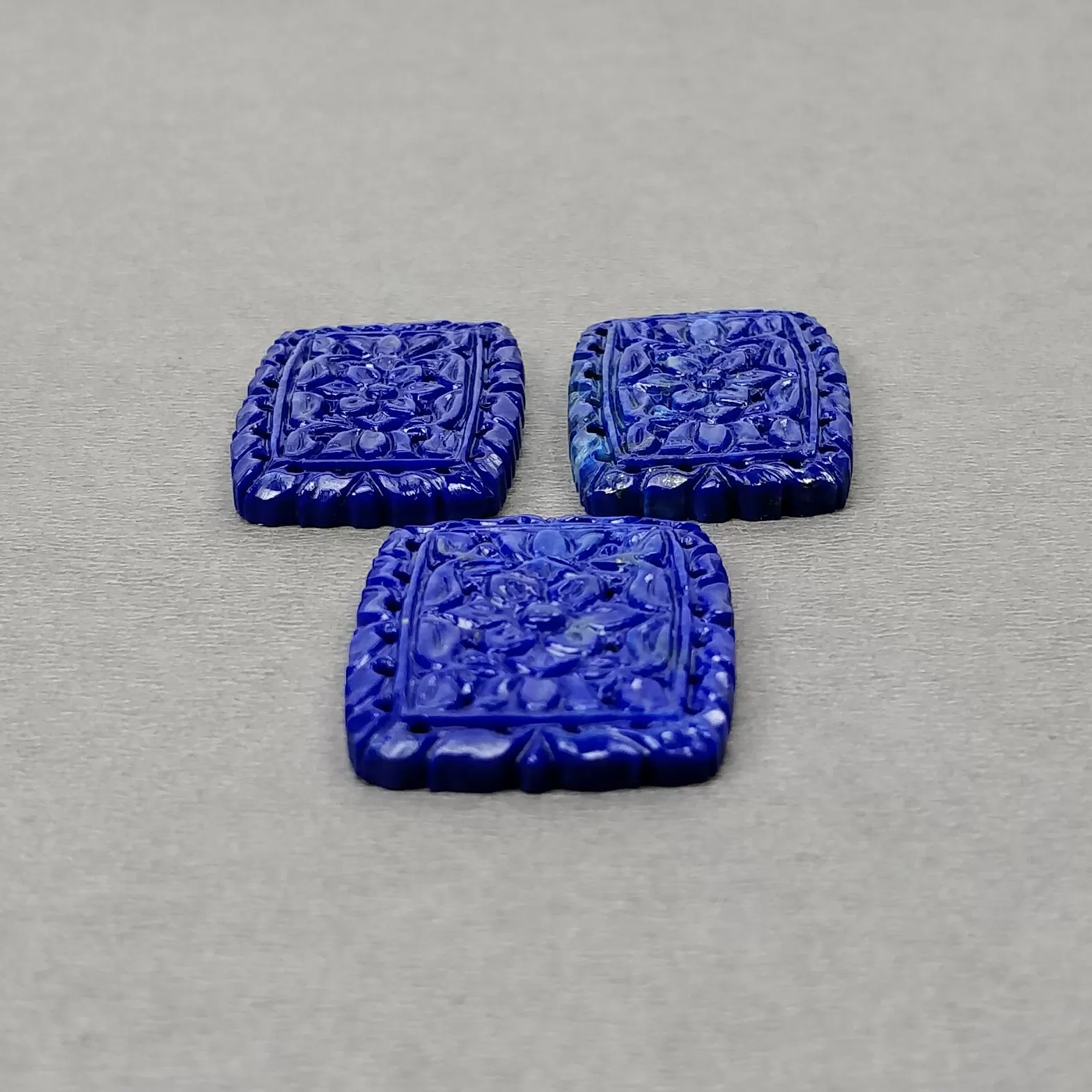 LAPIS LAZULI Gemstone Carving : 106.80cts Natural Untreated Blue Lapis Hand Carved Cushion Shape 34*22mm - 35*25.5mm 3pcs Set