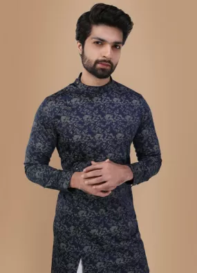 Manyawar Royal Blue Floral Print Kurta