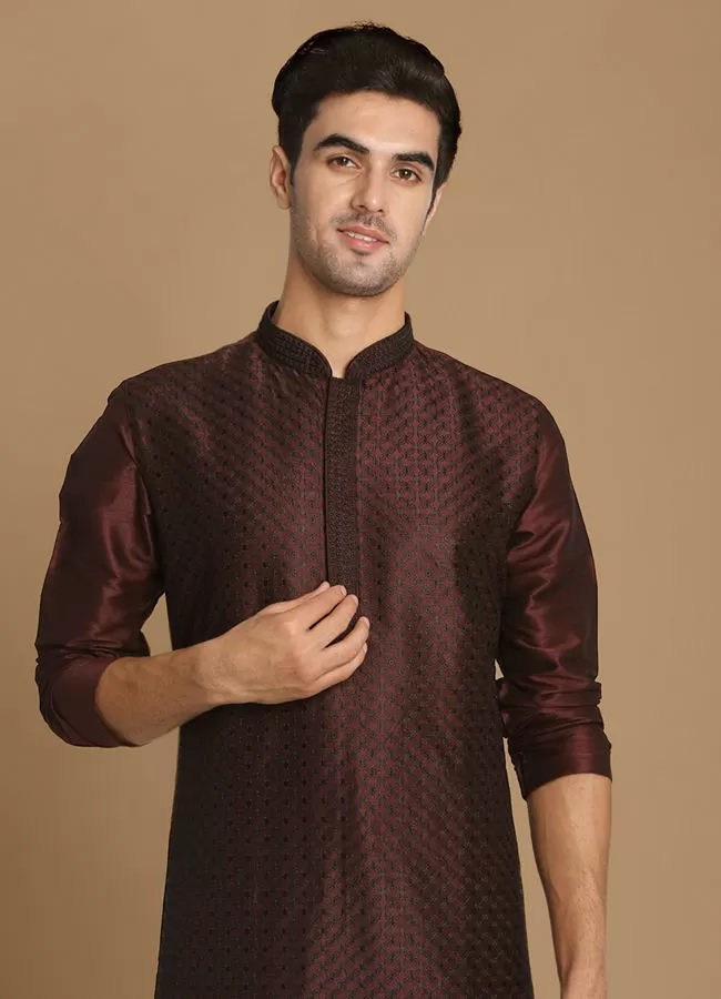 Manyawar Wine Self Design Kurta With Black Churidar