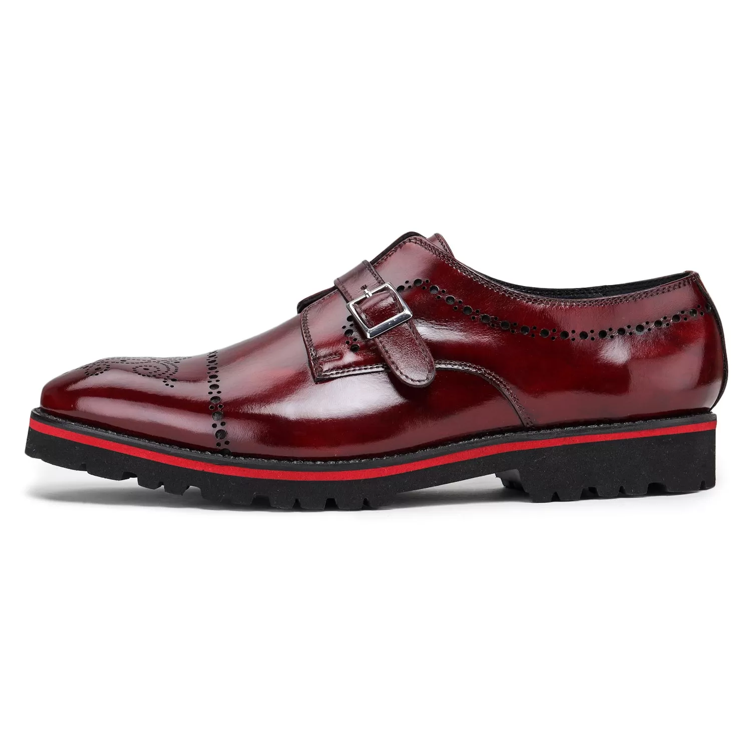 Medallion Toe Single Monk Strap - Wine Red