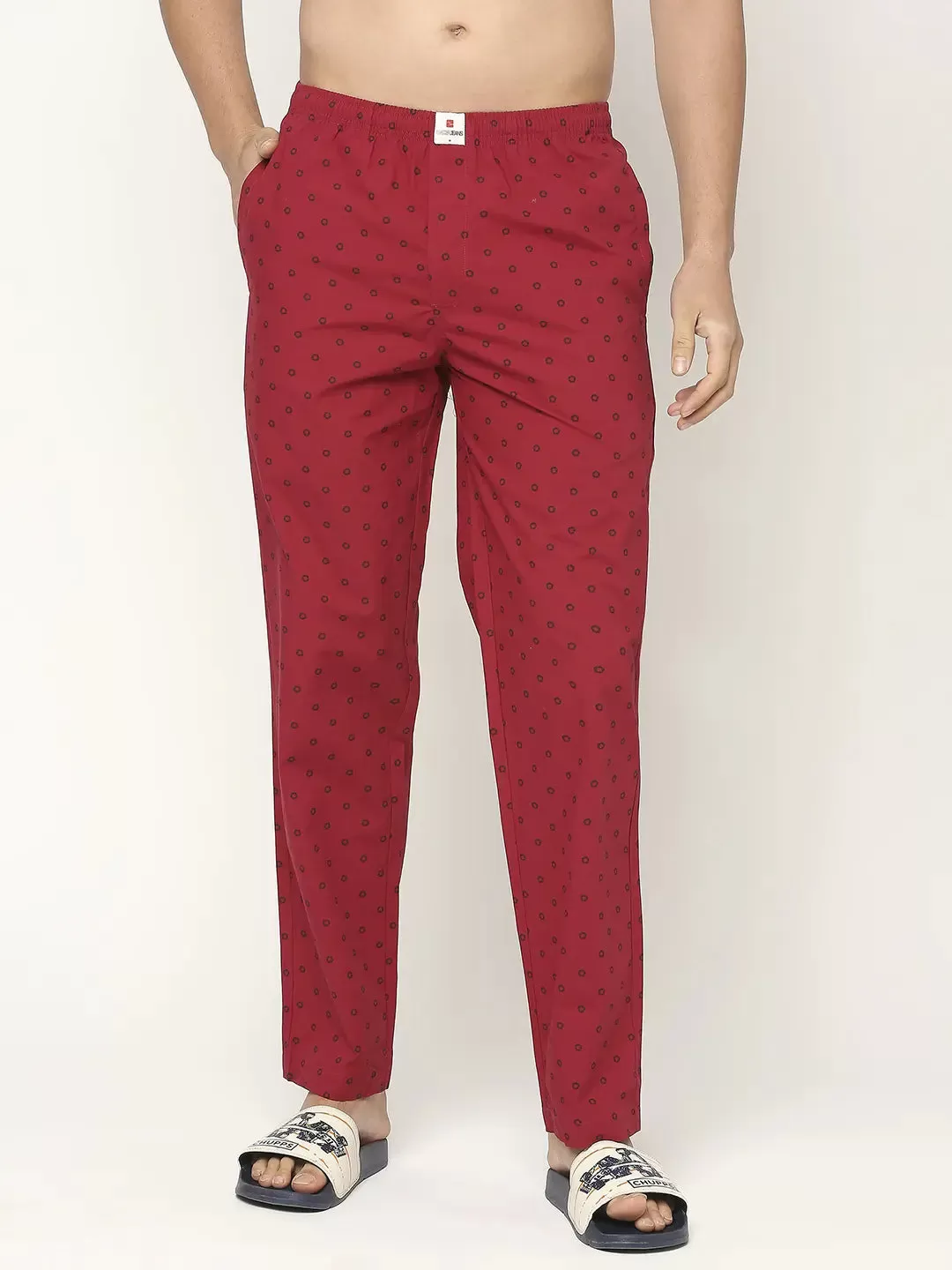 Men Premium Cotton Printed Maroon Pyjama- UnderJeans by Spykar