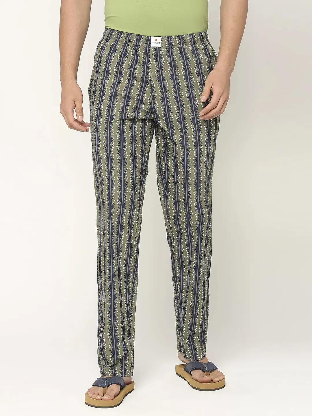 Men Premium Cotton Printed Olive Pyjama- UnderJeans by Spykar