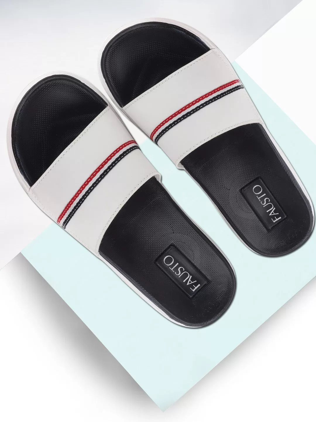 Men White Casual Slip-On Color Block Slider Flip-Flops