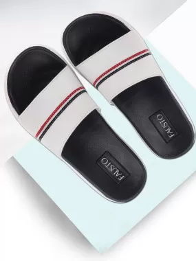 Men White Casual Slip-On Color Block Slider Flip-Flops