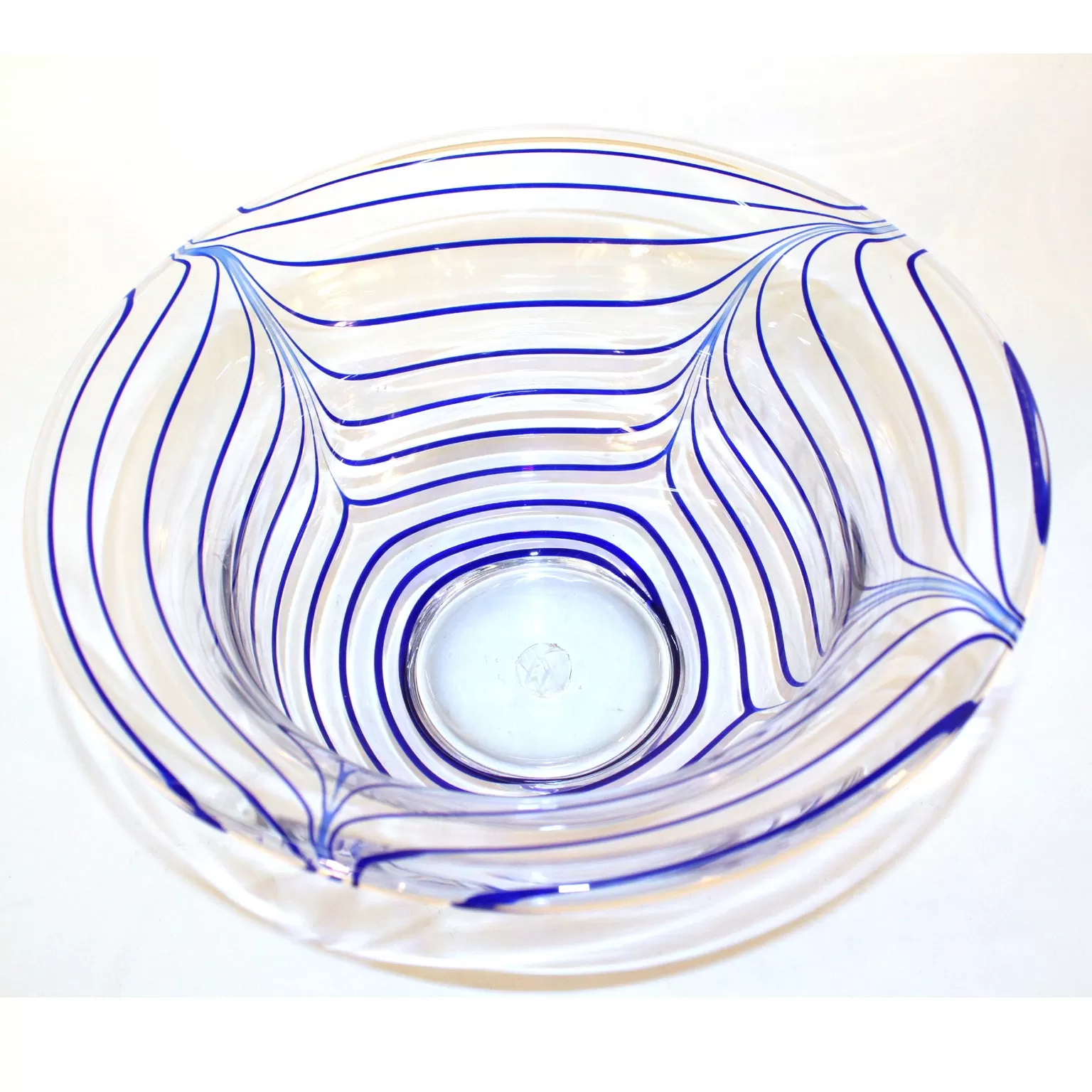 Mid-Century  Italian Clear Glass Bowl with Blue Stripes