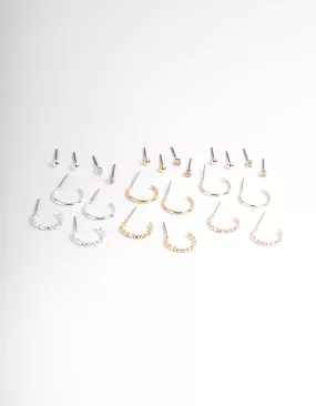 Mixed Metal Plain & Dimanate Stud & Hoop Earring 12-Pack