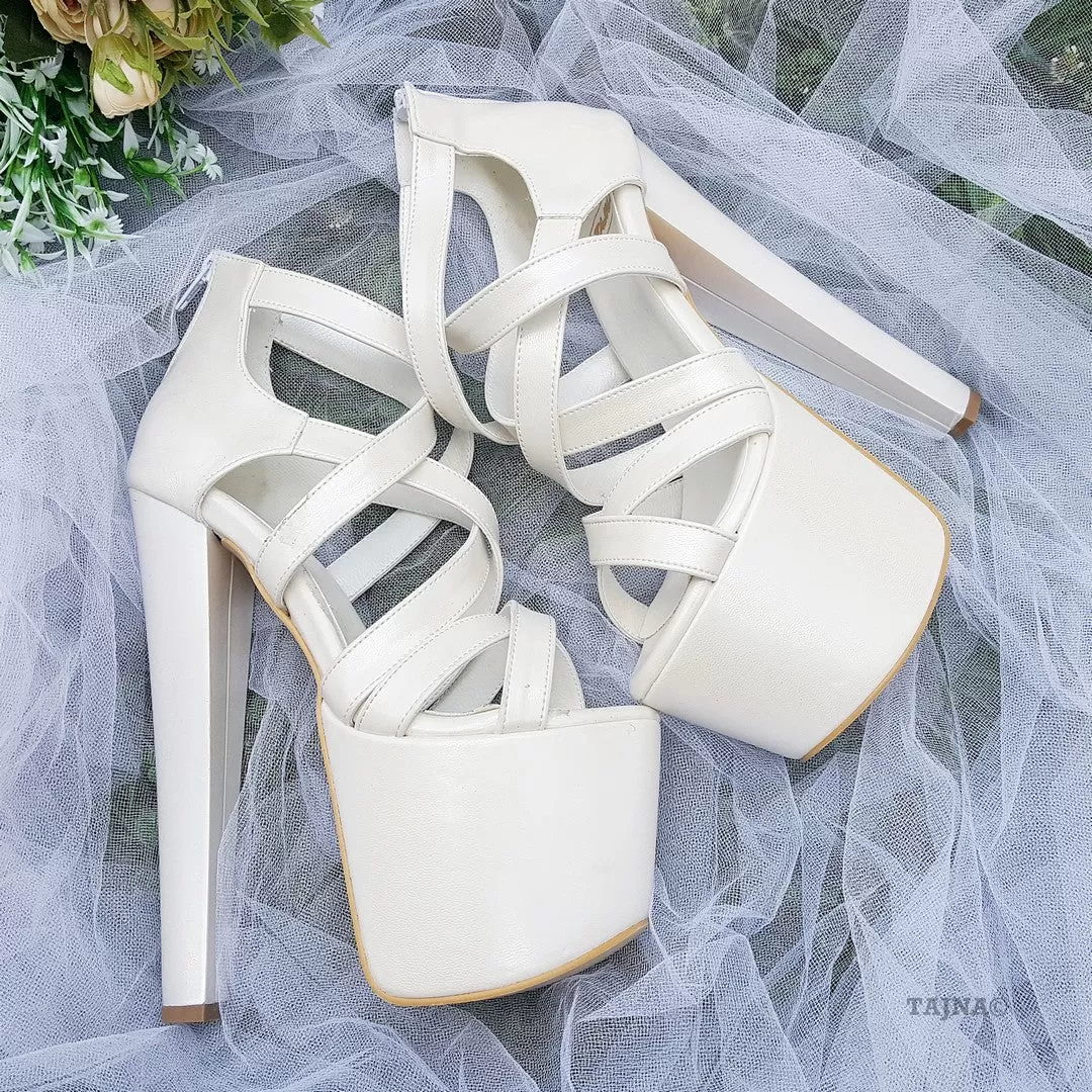 Multi Cross Strapped Ivory Heel Heel Platforms