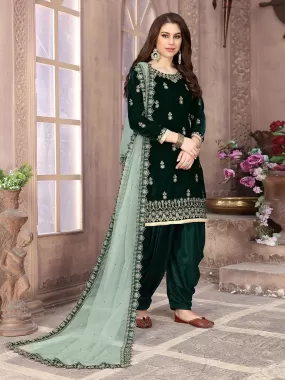 Odette Green Velvet Embroidered Semi stitched Kurta Set For Women