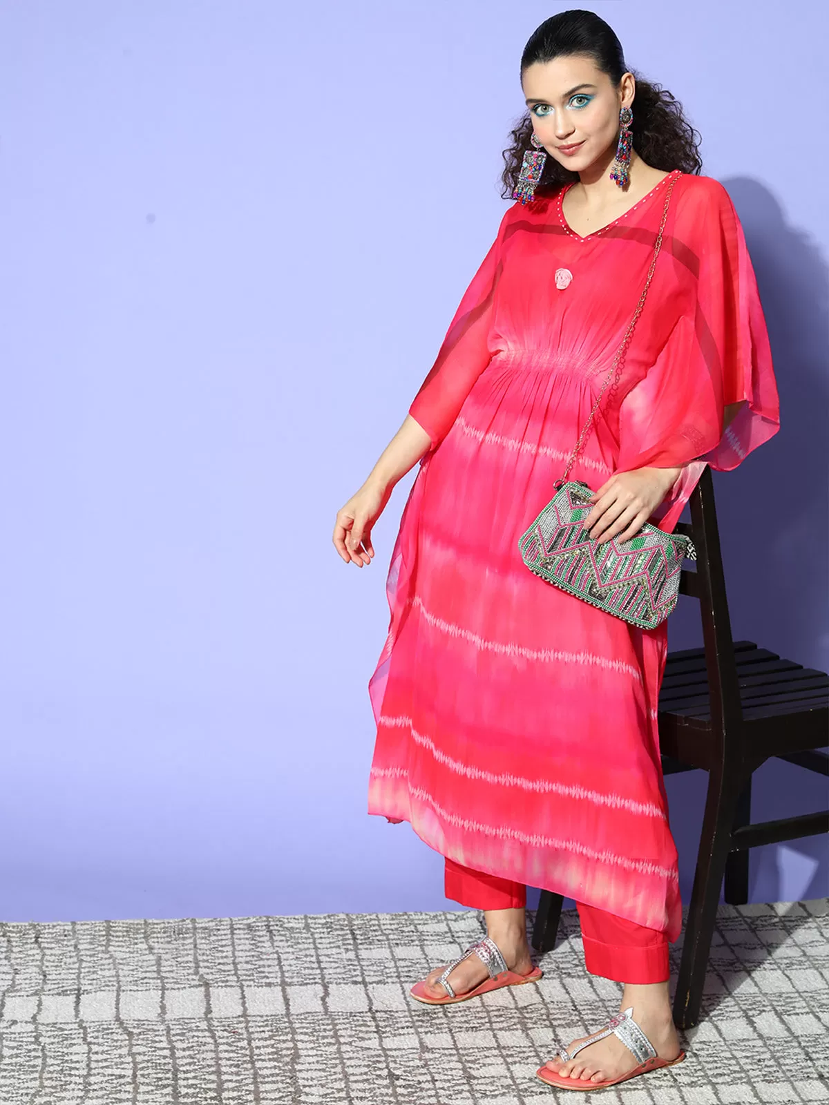 Odette Hot Pink Chiffon Stitched Kaftan Set with Inner for Women