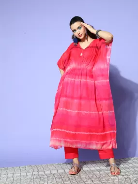 Odette Hot Pink Chiffon Stitched Kaftan Set with Inner for Women