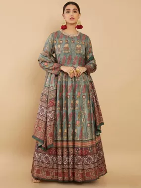 Odette Light Green Dola Silk Printed Stitched Gown With Dupatta For Women